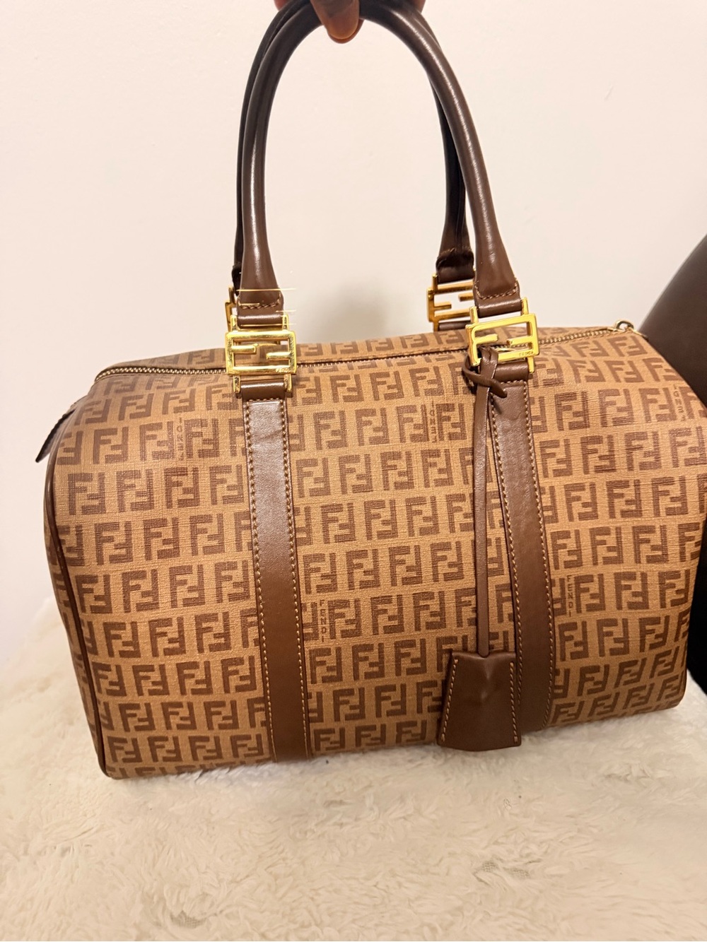 Fendi Brown Zucca Canvas Boston Satchel with Gold Hardware size 30
